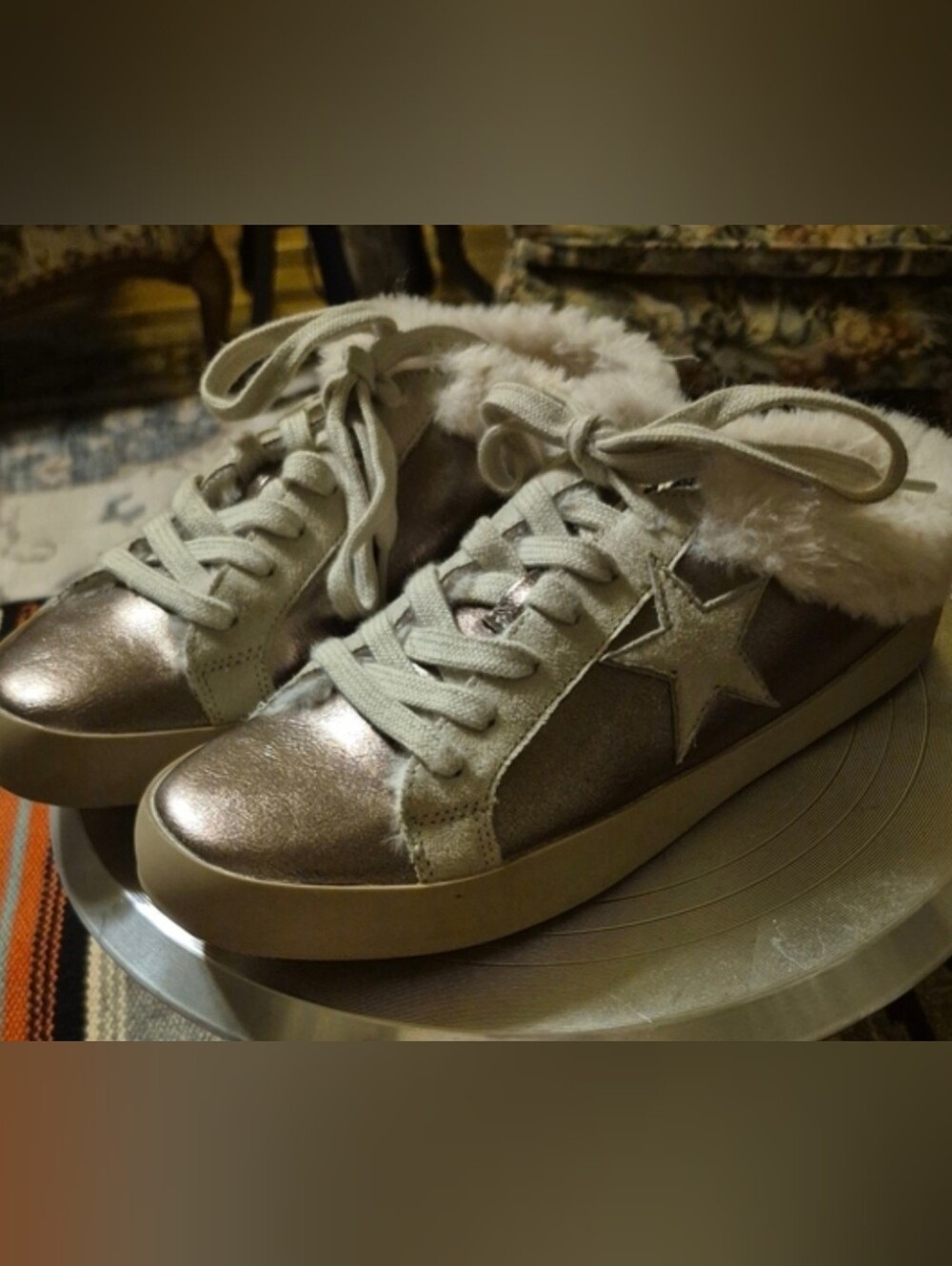 Shu Shop Pinah Metallic Slip-On Mule Sneakers,faux Fur,star patch.Sz.7.(#858S)